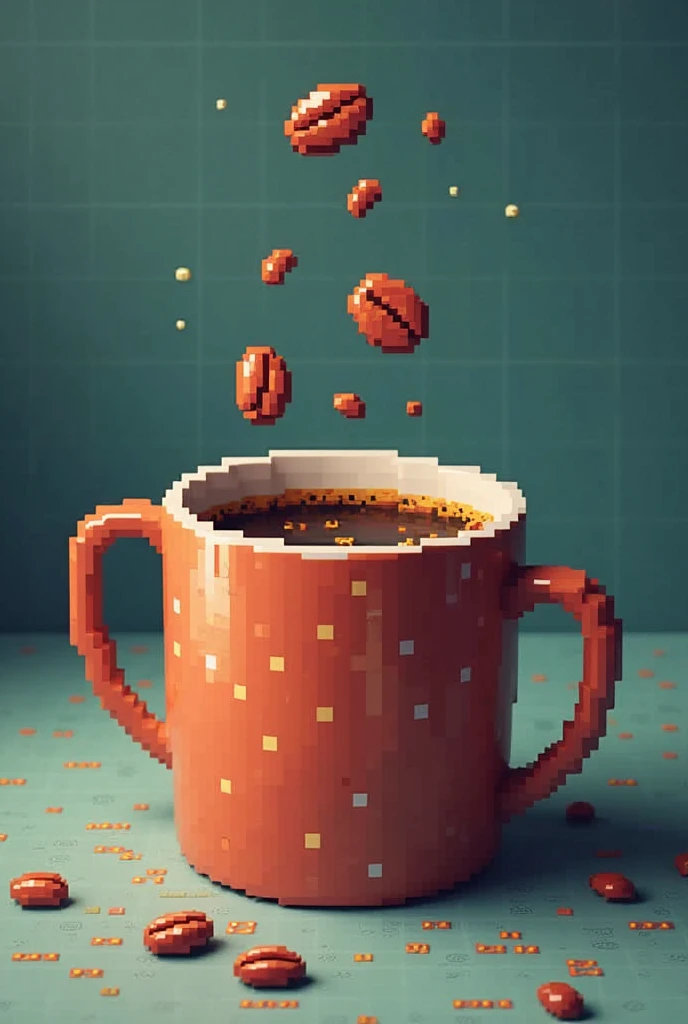 Design a coffee mug made of pixels, giving a retro look, It also adds pixelated graphics of coffee beans or small video game icons inside the cup.