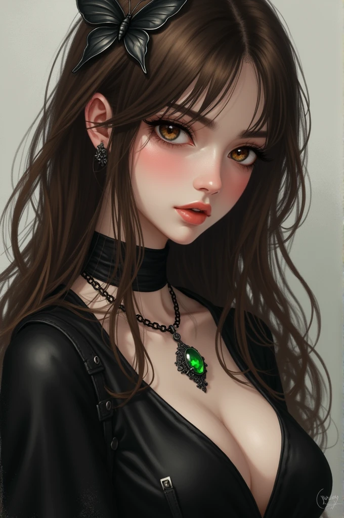 a girl with long brown hair, brown slanted eyes, a black outfit with a necklace with a green stone and a butterfly accessory drawing 