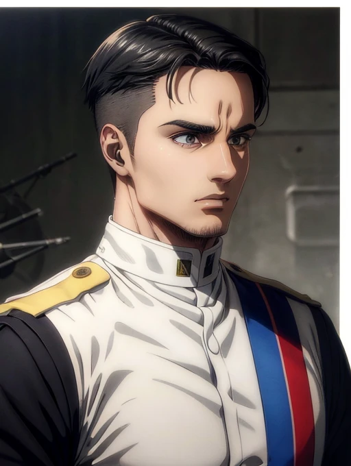 1 man, military hair black, gray eyes, White military uniform, quartel general, high resolution, Masterpiece artwork, super detaill, 