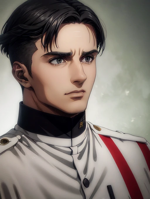 1 man, military hair black, gray eyes, White military uniform, quartel general, high resolution, Masterpiece artwork, super detaill, 