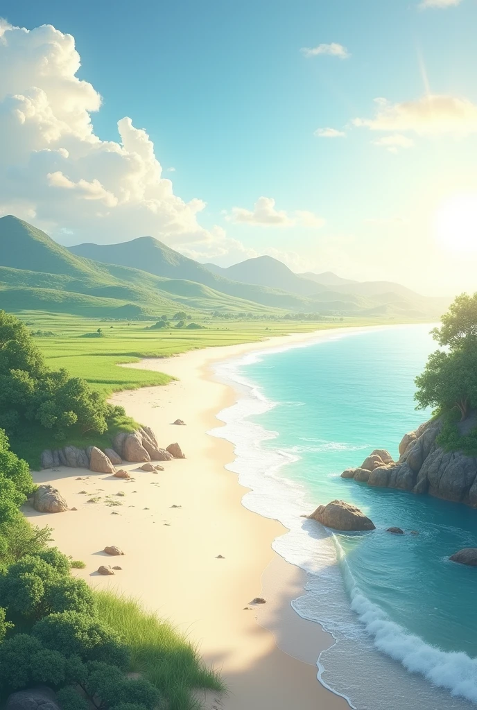 Create an image of a white beach and green fields in the distance on a beautiful sunrise.