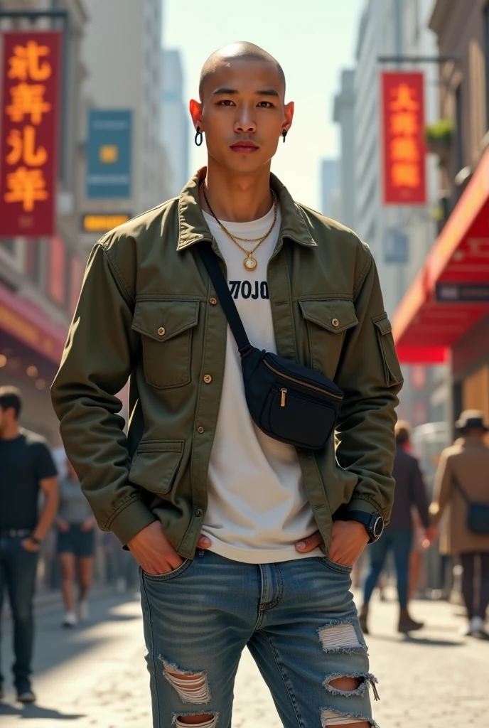(photorealism:1.2), (lock the face). A very handsome Asian man(a little thin) bald hair 1cm, posing as a fashion model on a busy downtown street, wearing an army jacket and a white screen printed t-shirt with ripped jeans, sling bag, latest nike sneaker model, handsfree, warm colors, by Greg Rutkowski, by Alphonse Mucha