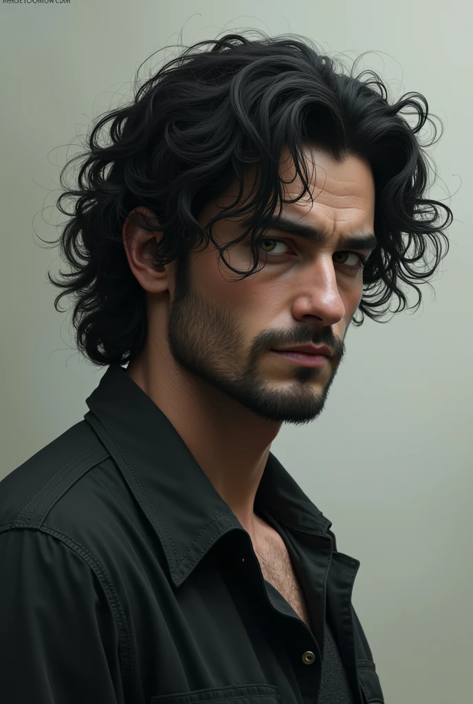 Characters tall dark man curly hair basic clothes smart half strong and half full half white eyes 