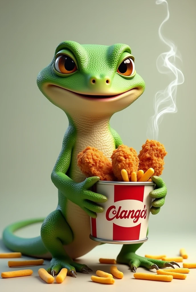A realistic green lizard smiling holding a bucket of fried chicken drumsticks with the name Calango's written on the bucket and french fries on the floor scattered with smoke coming out