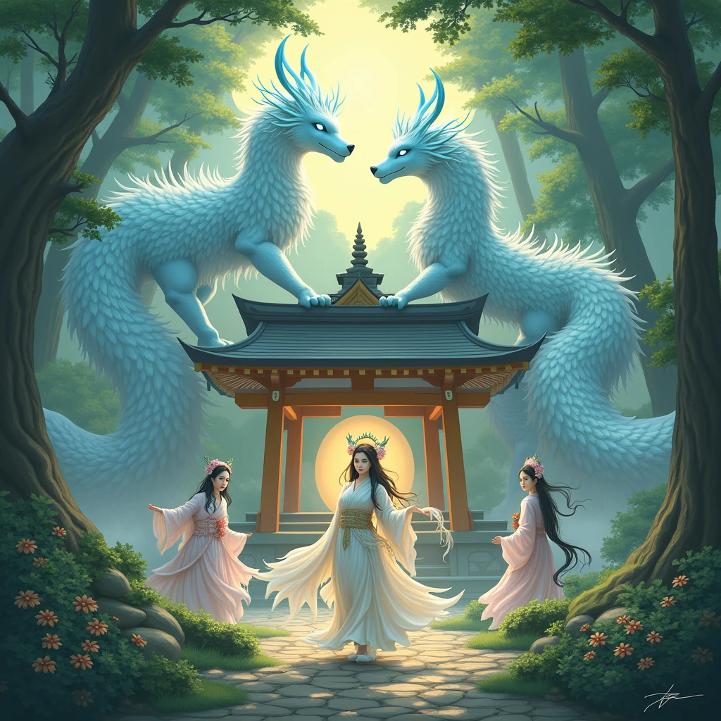 A scene featuring divine beasts and shrine maidens, inspired by Japanese mystical tales.