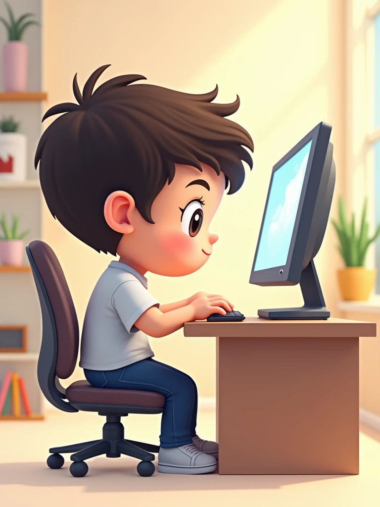 Chibi version of young man using computer