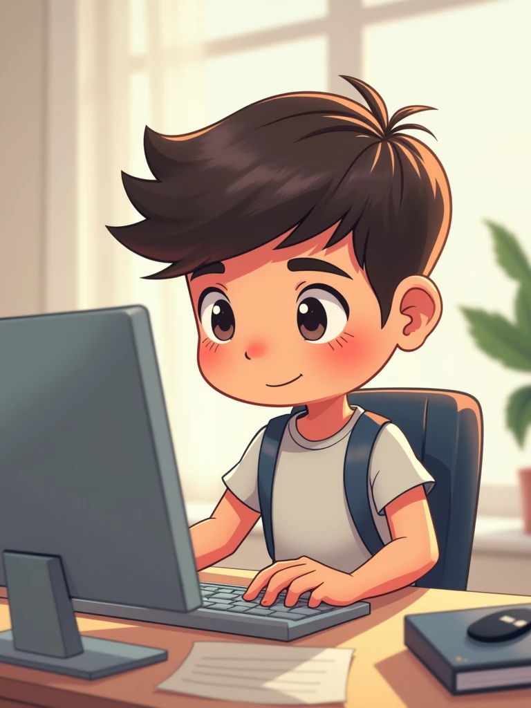 Chibi version of young man using computer