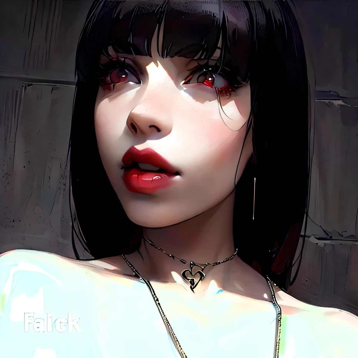 there is a woman with a necklace on her neck and a necklace on her neck, 1 goth girl, 🤤 girl portrait, 1 anime goth girl, pale goth beauty, she has black hair with bangs, lily frank, extremely pale white skin, pale porcelain white skin, with pale skin, 1 girl