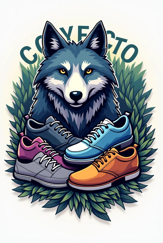 Horizontal logo that says "coyote shoe repair shop" where the word coyote stands out in the background, the different types of men's shoes and sneakers and women's shoes with types of sewing threads in blue color ranges, purples,greens, grises