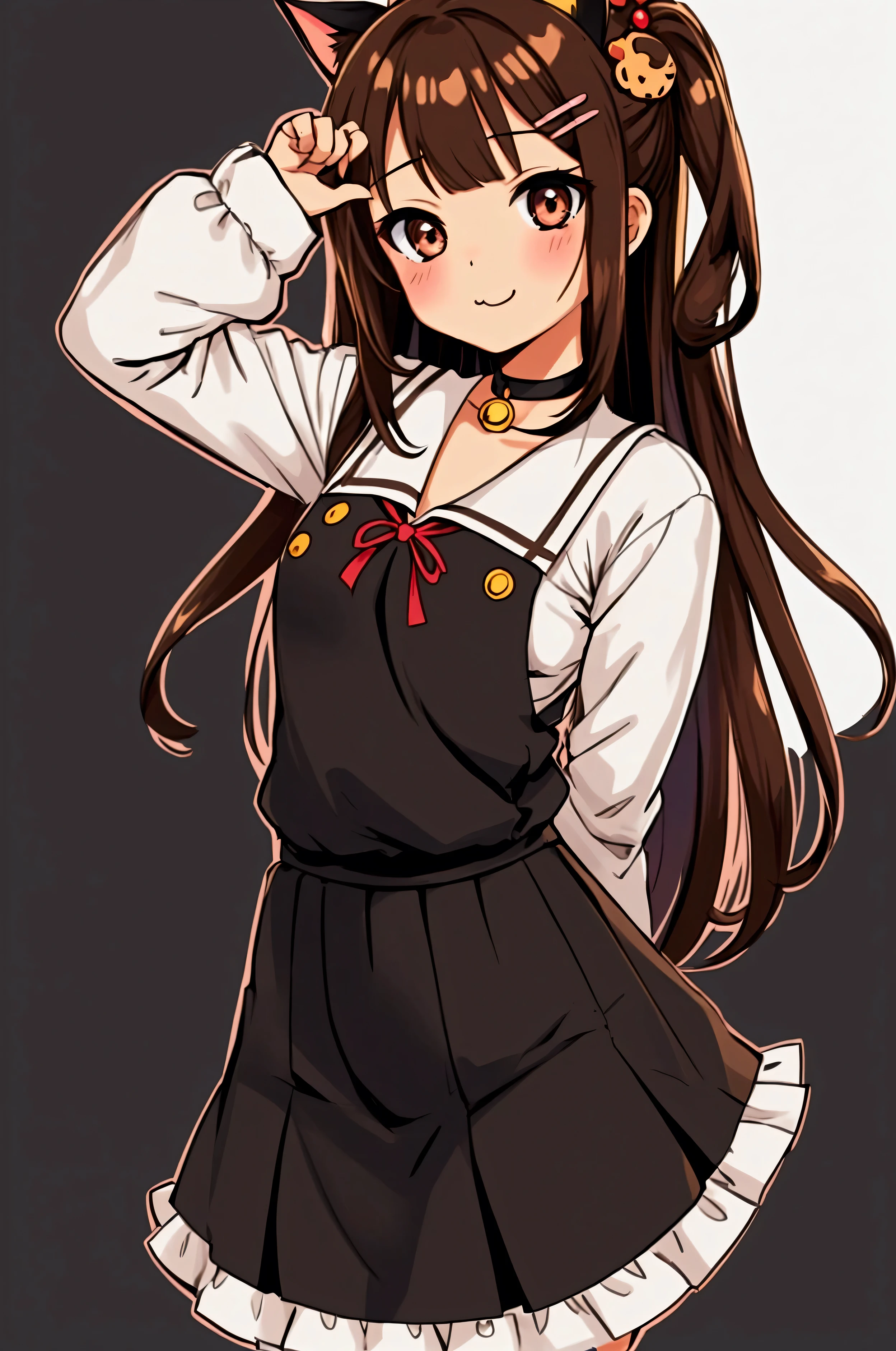All intricate details, anatomia perfecta, cartoon style girl, 1 girl view, pretty, alone, hapy pose, skirt, brown hair, uwu, Hair ornament: ((cute chibi yarn cat))), chibi, virtual vtuber, brown hair, hair orn, cat smile, :3ament,HayaseNagatoro,nagatoro hayase, hair ornament, brown eyes, hairclip, tanned skin, black hair, random angle