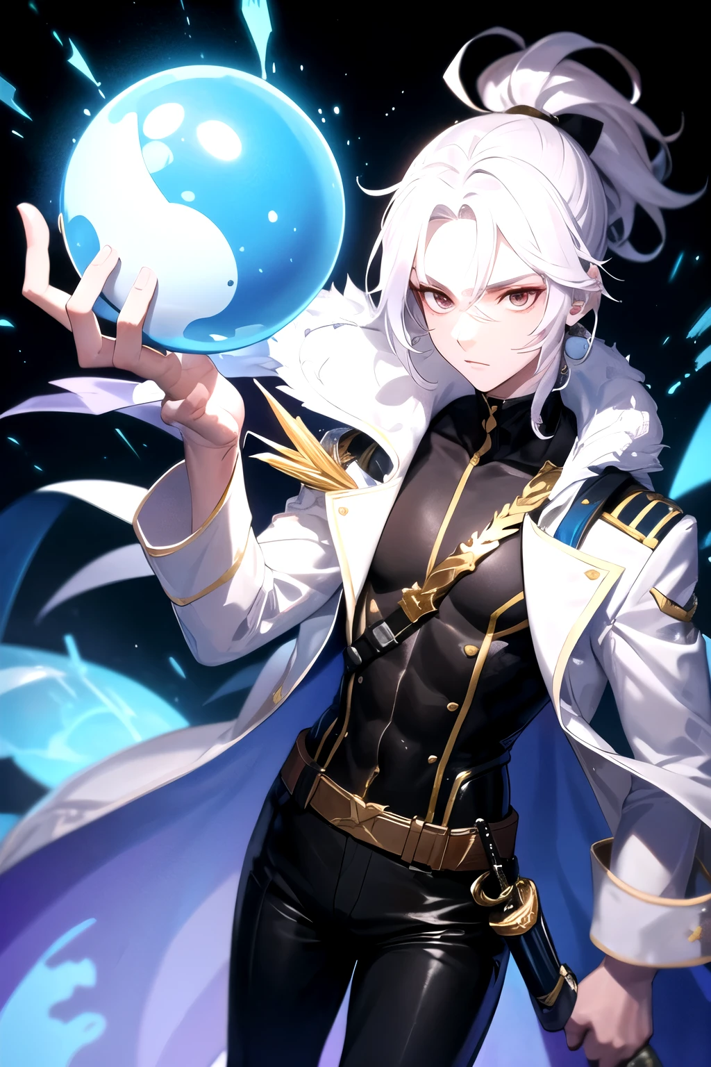 A character Jett from the game Valorant with white hair tied in a ponytail, white skin color, male body and a knife with a blue sphere glowing in the middle of the knife, brawny