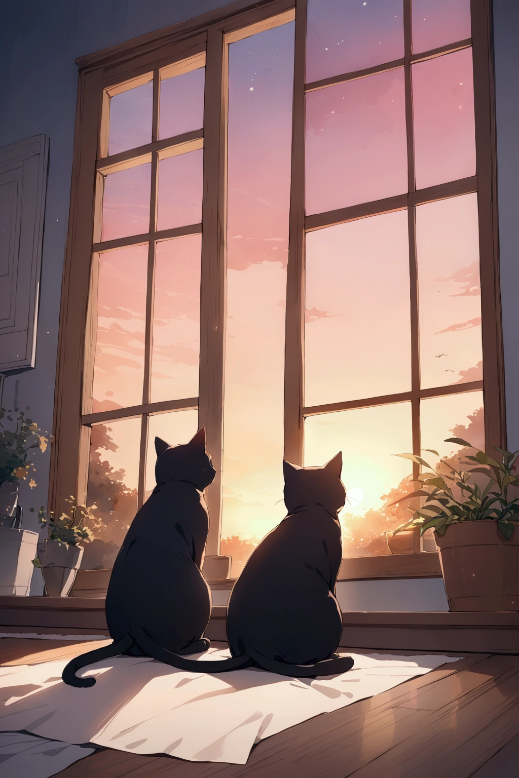 watercolor painting, masterpiece, best quality, ultra detailed, magic hour, sunset sky, large window, two black cats, warm tones, soft light, cozy atmosphere, peaceful evening