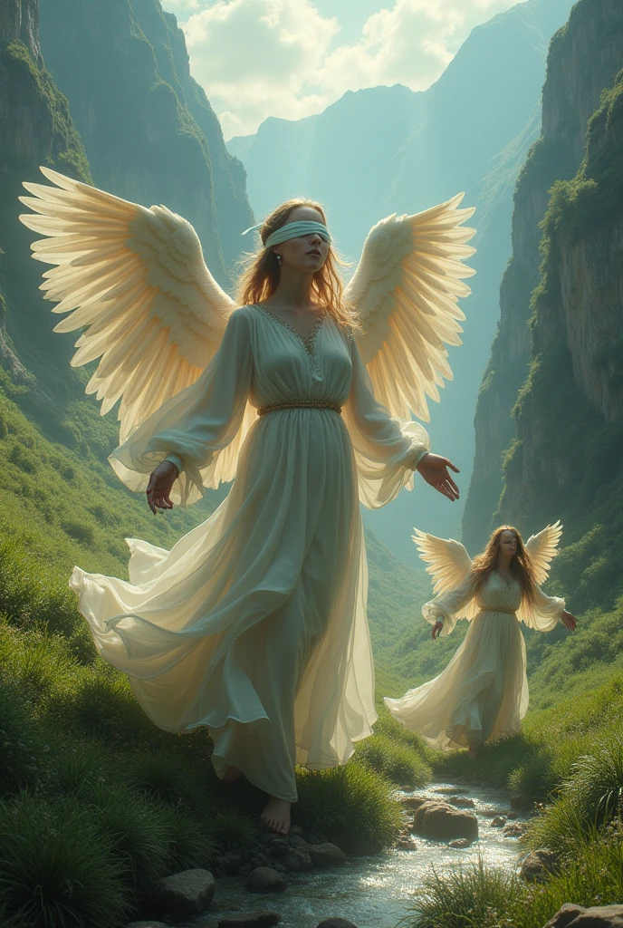 Angels being manipulated with a blindfold over their eyes leaving a paradisiacal landscape going into the darkness 