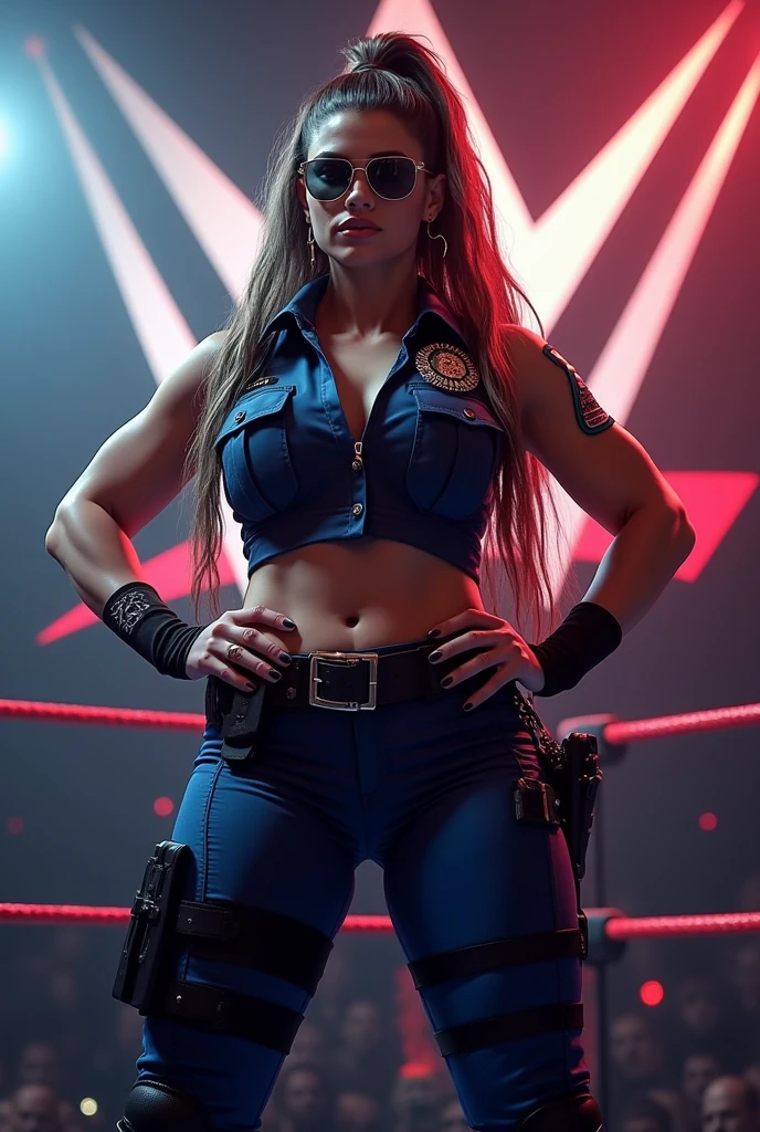 Sexy stocky muscular female wrestler works as a police officer, wearing wrestling police-style clothing with shades; she stare confidentially at the camera in the ring. her hands on her hips, upskirt angle, with a WWE-style logo in the background, dramatic lighting and intense expression. Use perfect ratio composition