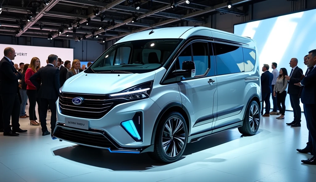 a luxury Toyota Hiace MPV Van mixed with ford everest, electric car, futuristic full LED design, in a showroom with a lots people