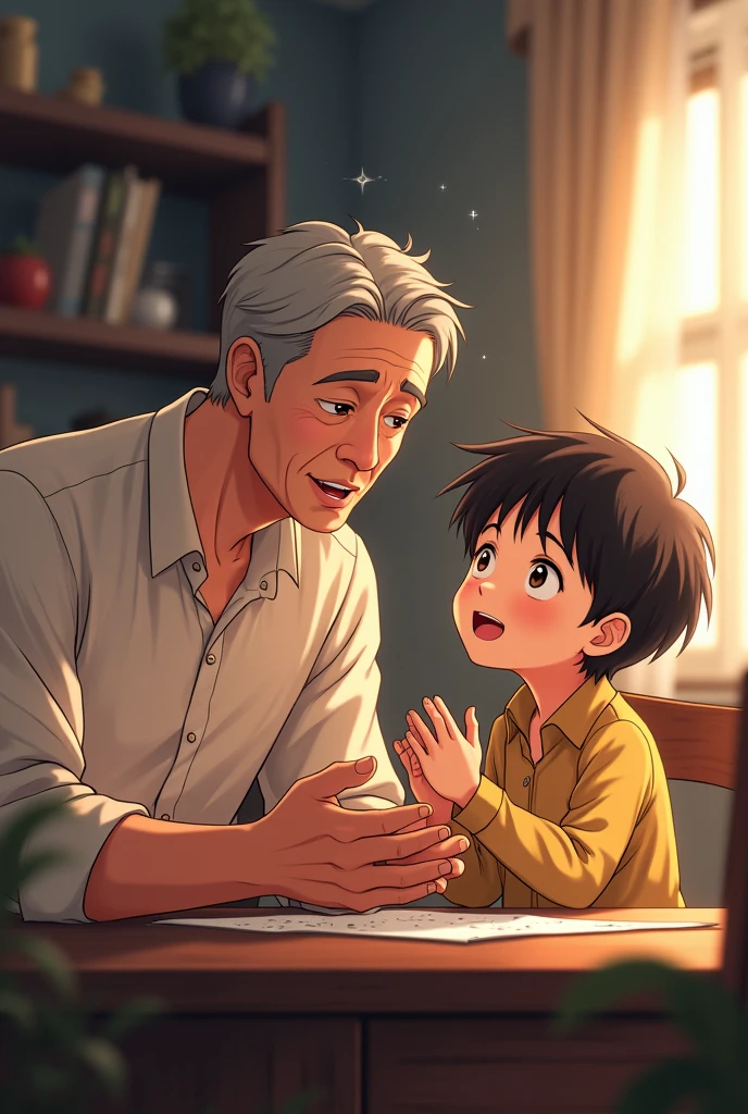 A father explaining something to his son in anime style