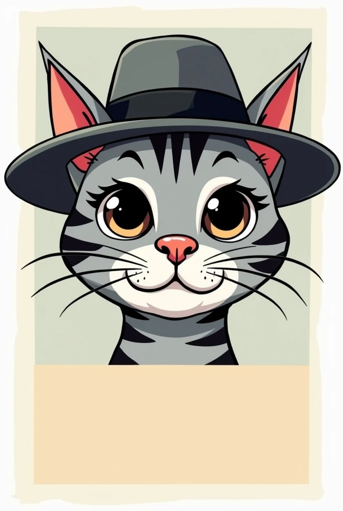 Cartoon head of a grey Bengal cat wearing a hat over a text box