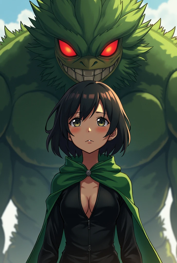 Boku no hero academia character girl cinnamon tone short two-layer hair ,black long sleeved clothing with an opening on the chest ,a little scared,with a green cape, and protected by a monster made of plants,She is bleeding a little and realizing that she started bleeding ,Impressive since he never saw his blood