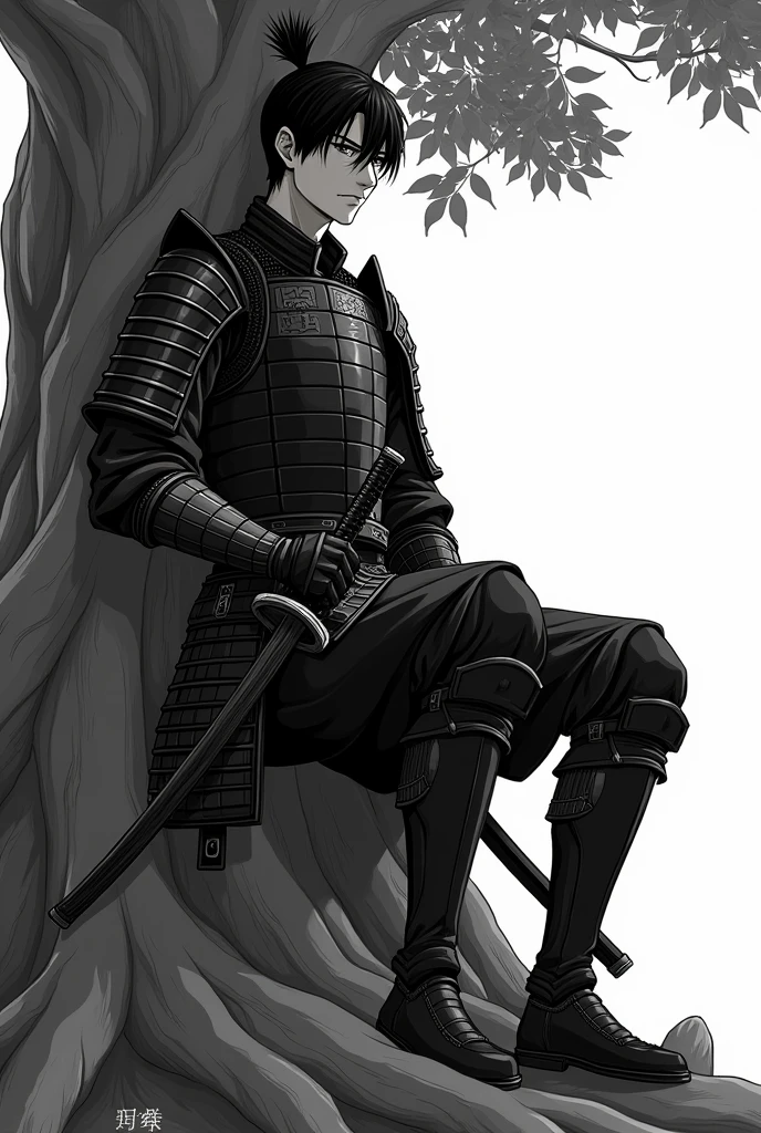 Create a black and white male anime character leaning against a tree with short hair, samurai armor