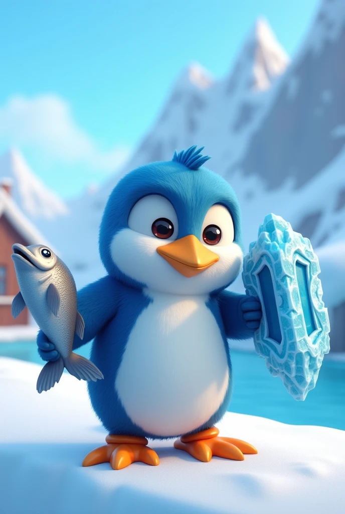 A blue penguin, from a game, 3D, looking forward diagonally with a fish in one hand and an ice shield in the other