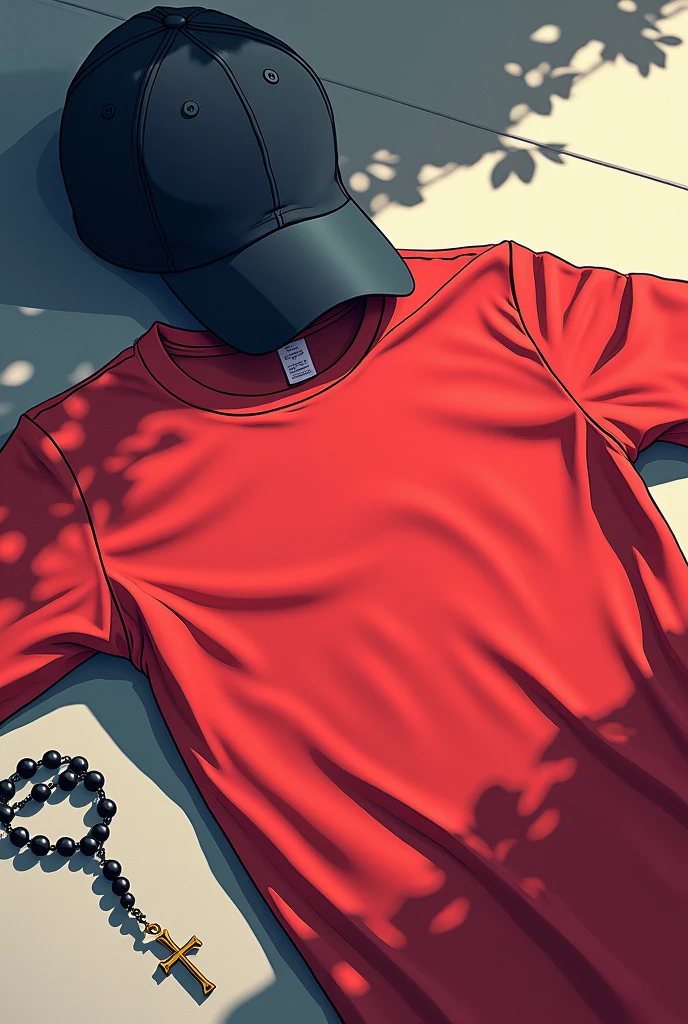 Wrinkled red t-shirt lying on the ground and next to it a baseball cap and a rosary 2d anime style very expressive and visually beautiful image