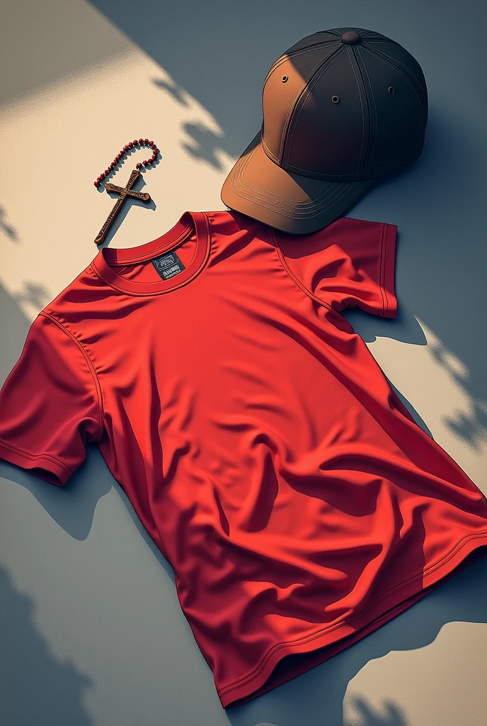 Wrinkled red t-shirt lying on the ground and next to it a baseball cap and a rosary 2d anime style very expressive and visually beautiful image