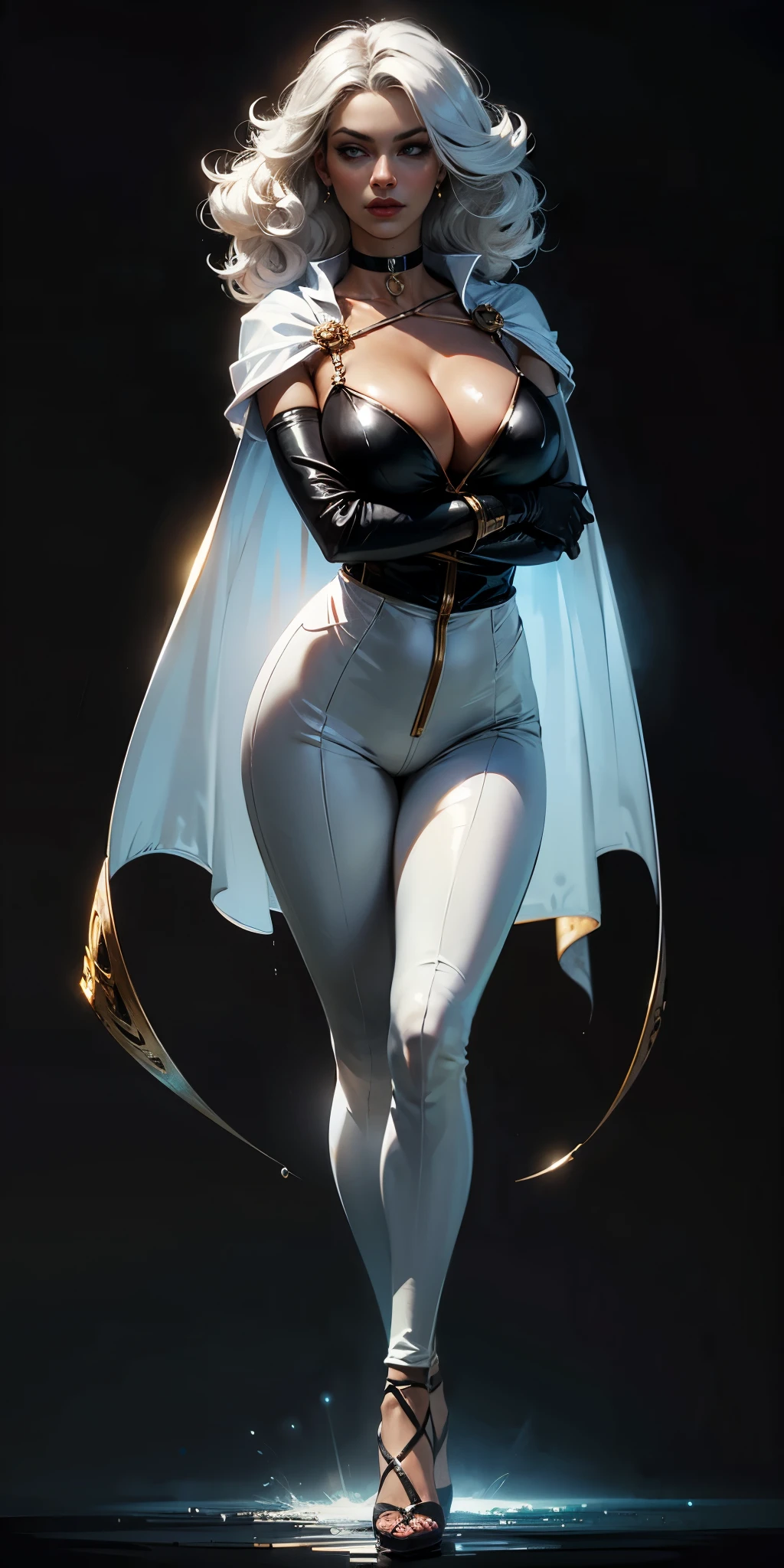 ((BLACK BACKGROUND,1:2, masterpiece)), full body MILF BIMBO standing with two long thighs and two metal sandals, red eyes, silver white hair, short bob style hair, big breasts, cleavage, snsfw, (masterpiece: 1.3), best quality: 1.4, 8k detailed unity wallpaper, high resolution, absurdities: 1.2, depth of field: 1.3, perfect lighting, cinematic shadows, highly detailed background, (super perfect head anatomy face fingers limbs arms hands legs), (super beautiful and detailed body of a wet woman, gigantic, long and sagging breasts, shiny hair, face, nose, shiny fingers, elongated eyes, skin proportion), slender: 1.5, narrow waist: 1.3, ownwaifu, long hair, white hair, big hair, curly hair, dark skin, dark skin woman, red lips, white eyes, very dark skin, lipstick, floating hair, very long hair, makeup, eyelashes, toned, jewelry, earrings, cape, bracelet, jumpsuit, gloves, superhero, choker, cool look, flying in the sky, high-tech city background, call a storm, tornado, thunder, raining, cinematic, beautiful figure, cowboy shot