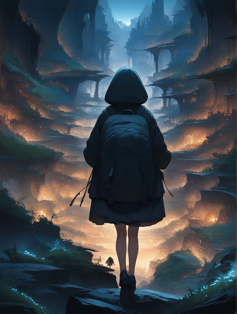 score_9, score_8_up, score_7_up, score_アニメ, masterpiece, best quality, delicate illustration, sharp line, sharp focus, BREAK,Traveler girl wandering in the ruins of endless night, the girl is wearing a hood, a lot of baggage in her backpack., night、City of the Future、Fantastic landscape、Beautiful Landscape、Harmony with Nature