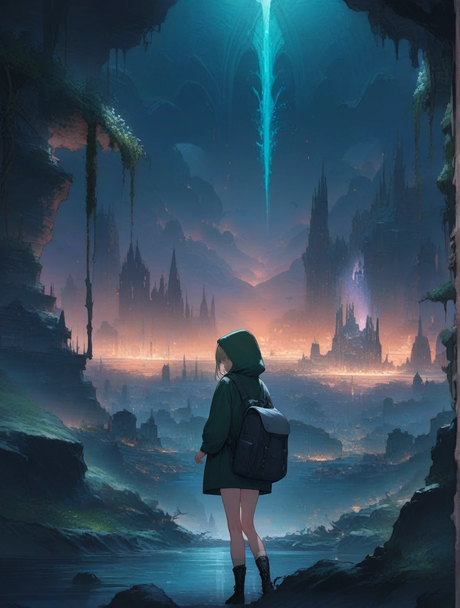 score_9, score_8_up, score_7_up, score_アニメ, masterpiece, best quality, delicate illustration, sharp line, sharp focus, BREAK,Traveler girl wandering in the ruins of endless night, the girl is wearing a hood, a lot of baggage in her backpack., night、City of the Future、Fantastic landscape、Beautiful Landscape、Harmony with Nature