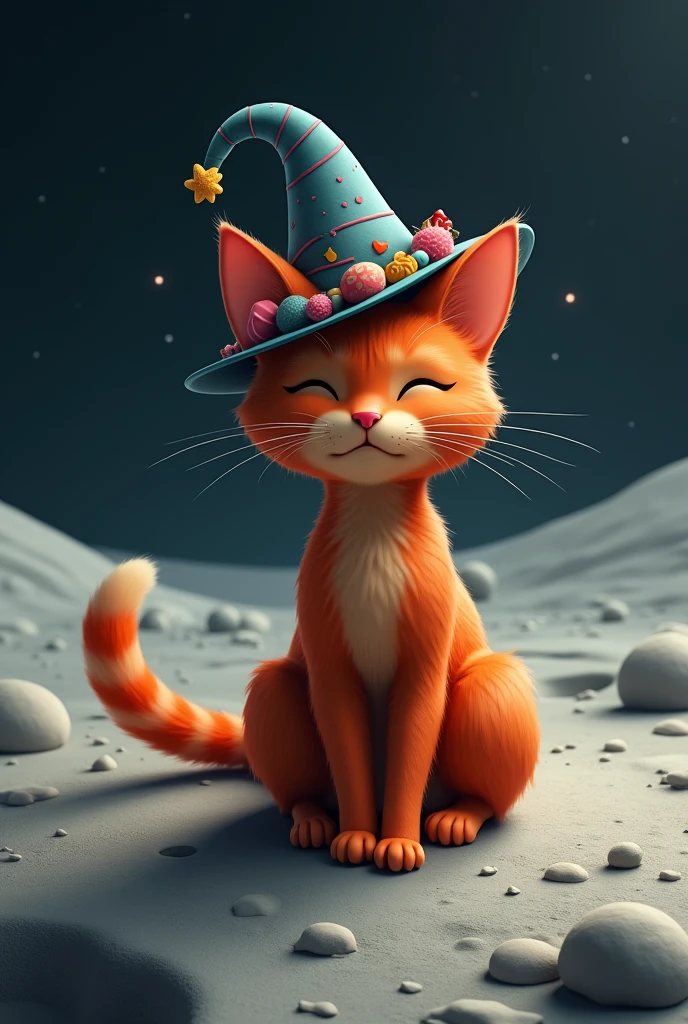 A red cat with a hat on the moon