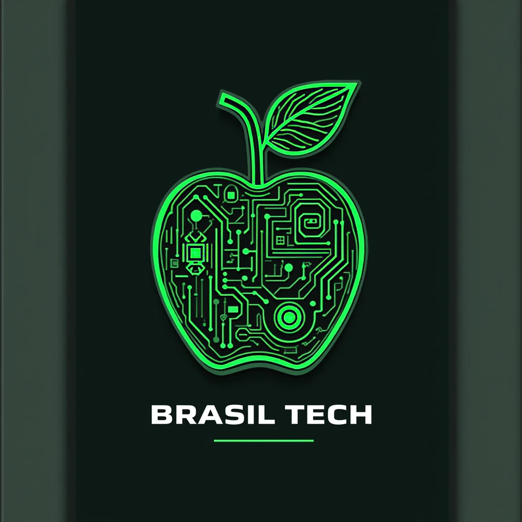 Design a logo for a store named "Brasil Tech". The logo should reflect a modern and technological theme. Use the primary colors apple green (a vibrant green), black, and white. The design should be clean, professional, and visually striking. Incorporate elements that evoke technology, such as abstract tech symbols or sleek lines. The name 'Brasil Tech' should be prominently featured, with a modern and futuristic font. Ensure the logo is versatile and works well in both color and black-and-white formats.