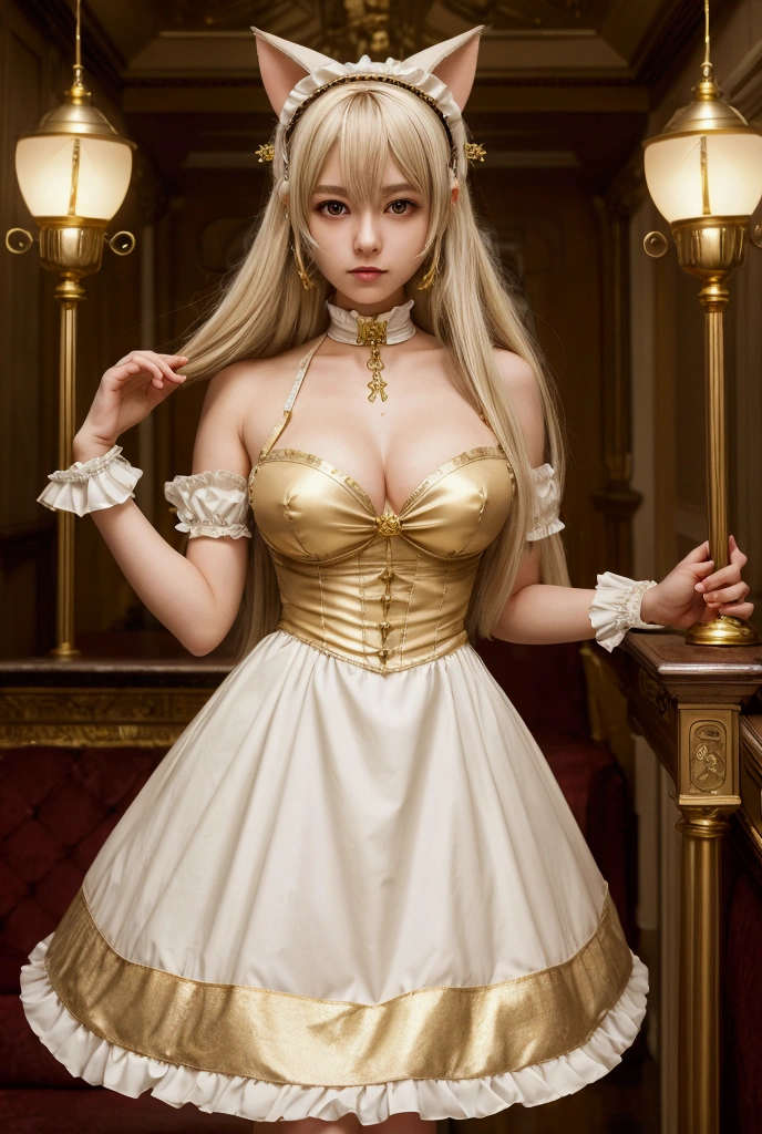 masterpiece, best quality, highly detailed, highres, hdr,, chobits, chii, feelingless,, 1girl, solo, bangs, bare shoulders, breasts, brown eyes, clamp (circle) (style), platinum blonde hair, very long hair, robot ears, small breasts, hair tubes,, maid, maid headdress, maid apron, victorian maid, maid dress,, mksks style, beautiful background, detailed background, professional lightning, mansion, indoor, gold ornament, gold, gold effects,