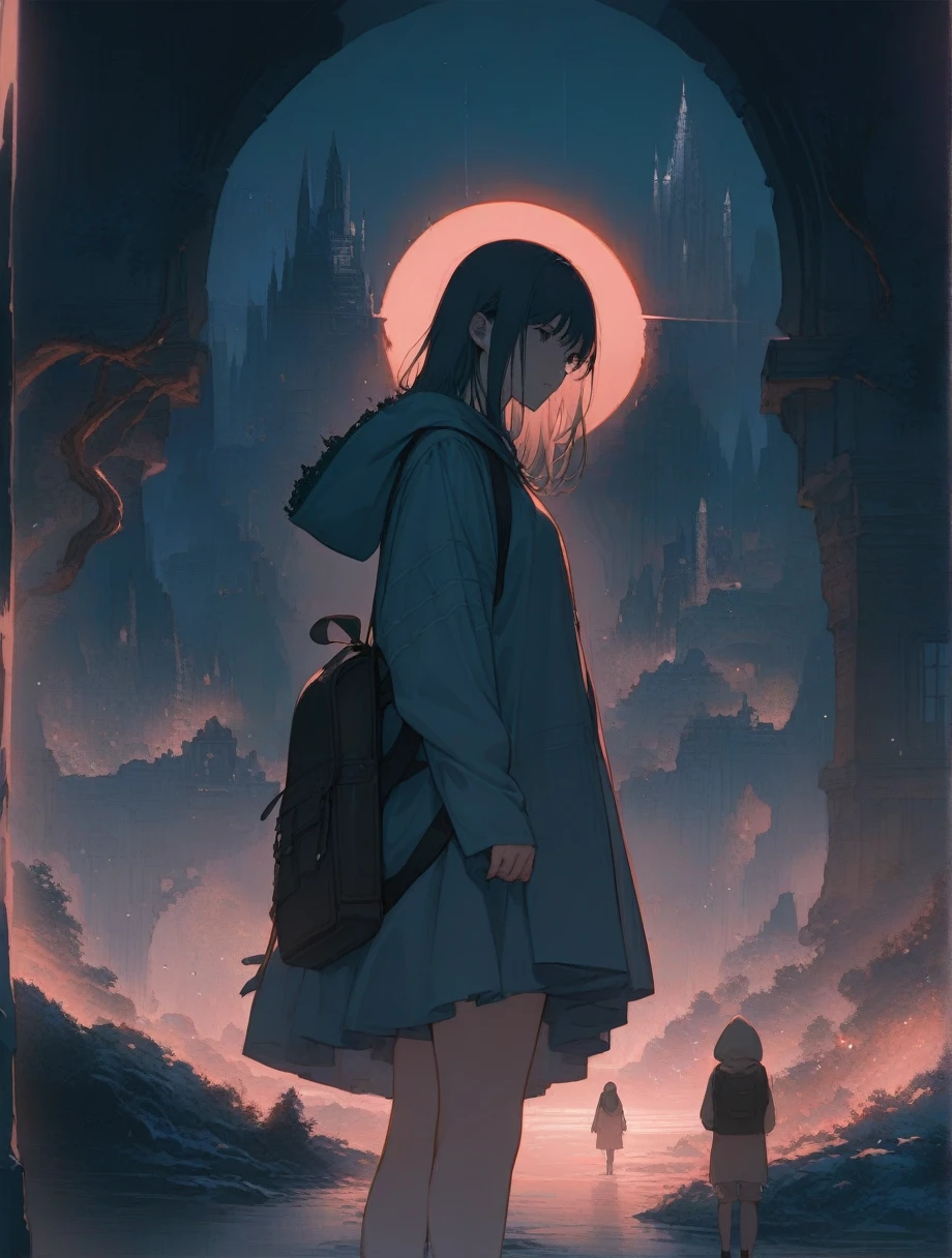 score_9, score_8_up, score_7_up, score_アニメ, masterpiece, best quality, delicate illustration, sharp line, sharp focus, BREAK,Traveler girl wandering in the ruins of endless night, the girl is wearing a hood, a lot of baggage in her backpack., night、City of the Future、Fantastic landscape、Beautiful Landscape、Harmony with Nature