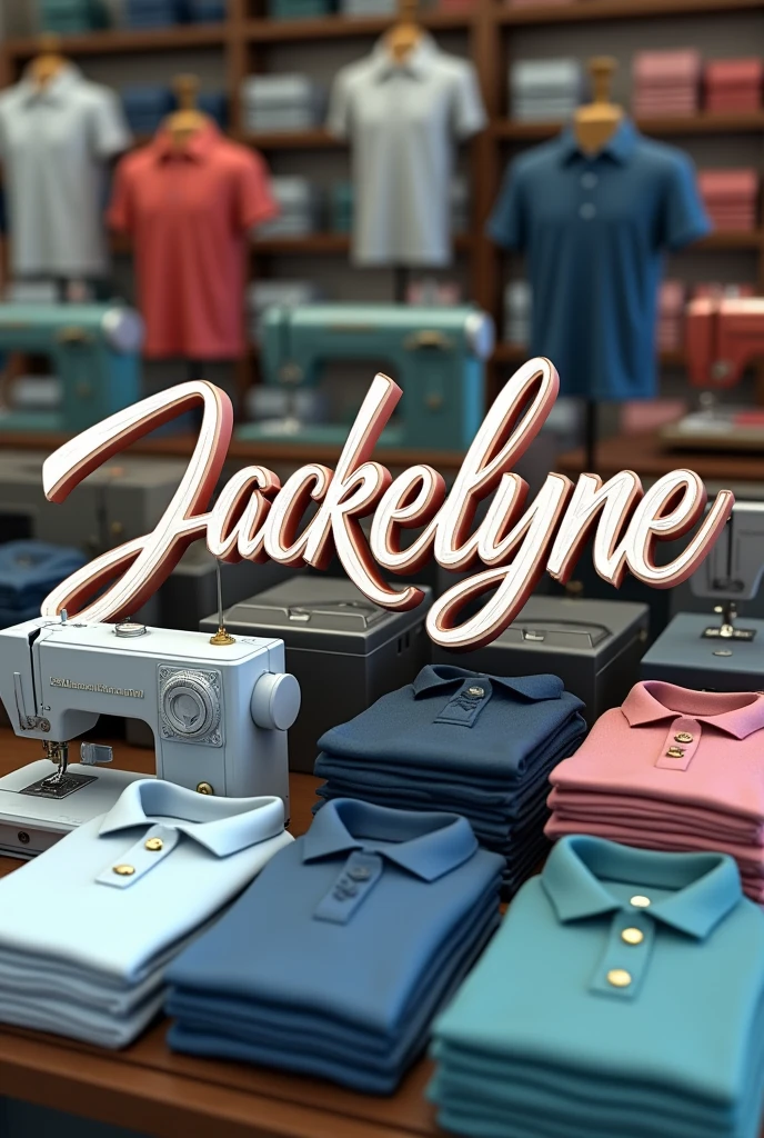Jackelyne Levano&#39;s 3d word with a background of sewing machines and polo shirts
