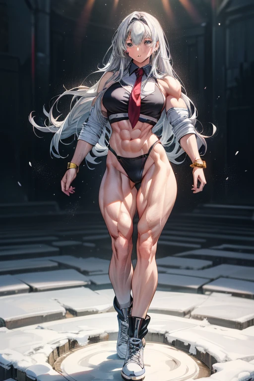 (BEST lighting) , (ultra intricately detailed) , 4K unification, (super-detailed CG: 1.2) , (8K: 1.2),(Original), (Masterpiece) , (Best quality),(Masterpiece:1.4),Anime-ish high quality,(Masterpiece),Masterpiece, Super clear picture quality,Clearer than movies,(Fine face)Best quality, absurderes,((masterpeace, 4K, 8K, Yes, A high resolution))1girll, schoolgirls,She was on an empty black field,standing on your feet,Ten packs are exposed, Wear only bras,There are bulges of dense veins on the arms,Spring, Boots, Perfect figure, Long silver hair, Dynamic pose, ((body builder:1.5)),Heavy snow against a snowy background,(Beautiful bace),(Girl),(Female),(((Upper body:1)))