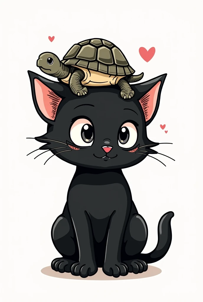 create a tattoo of a black kitten and a turtle on top of the cat&#39;s head, without being a realistic drawing. make in tattoo lines, without seeming realistic