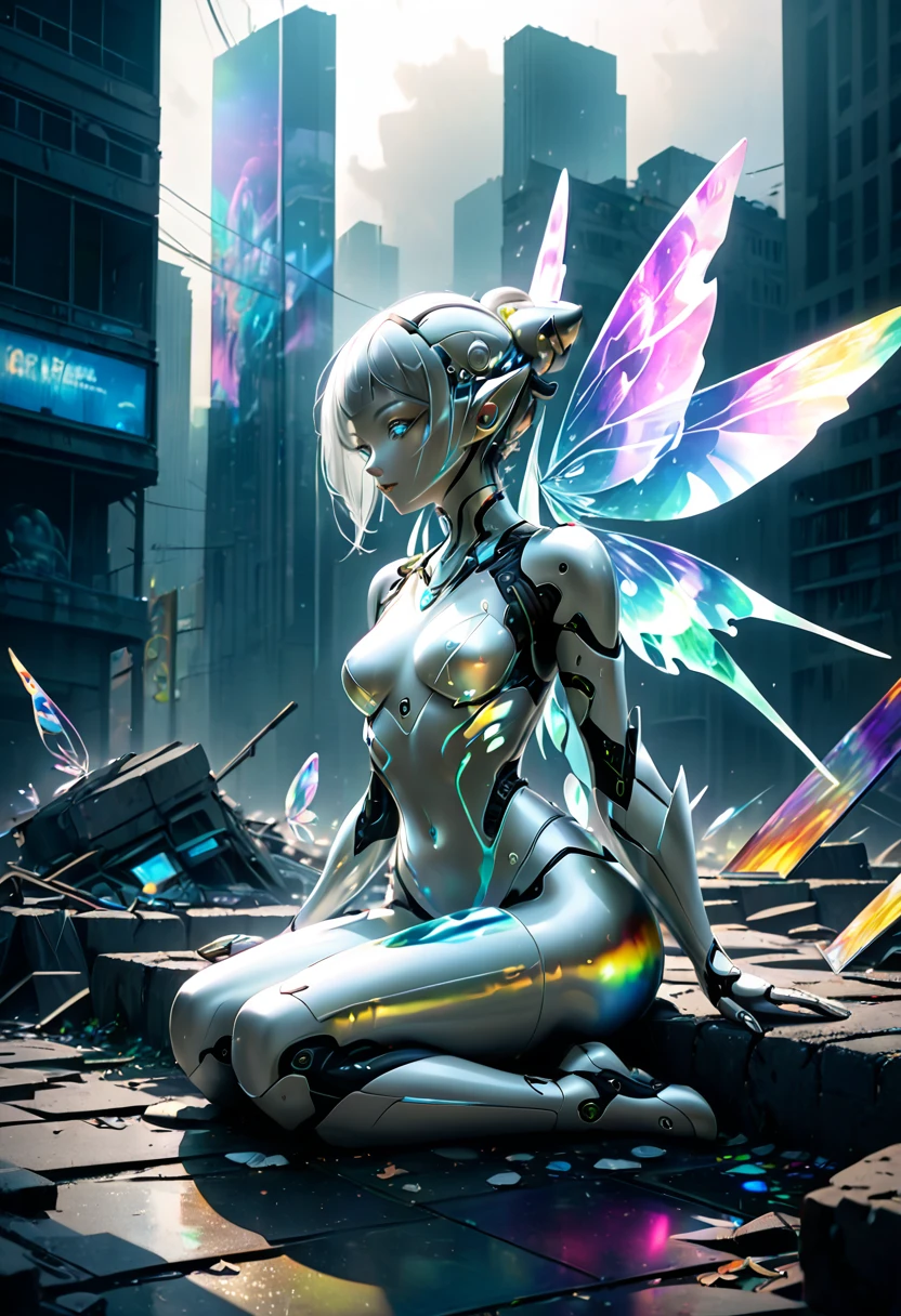 dream fantasy world, made of carved from pearl platinum crystal, beautiful android cyborg, sitting on rubble and playing with lots of transparent iridescent spirit fairies made of stained glass, , abandoned city, acid rain, double exposure analyzer, shadows, contrast, conceptual installation art, (ultra detailed, absolutely resolution, best quality:1.3), 2.5D, delicate and dynamic effects, iridescent lighting effects, foggy filter effects, artistic photography, hyper realistic, graphic CG digital art
