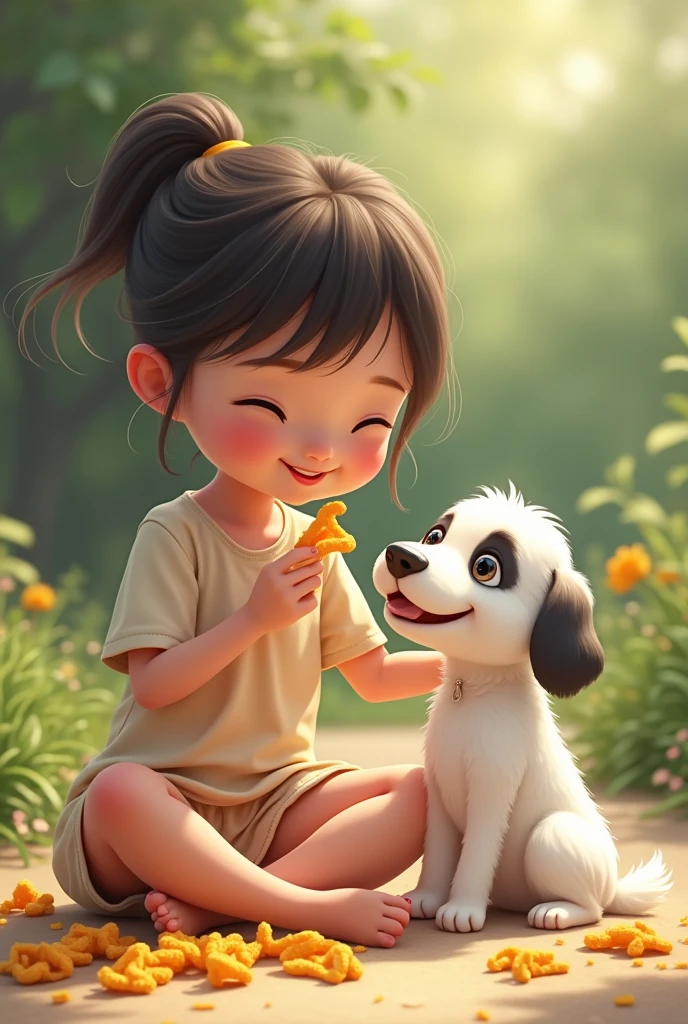 Young girl with white dog that has only one black ear and is eating pork rinds 