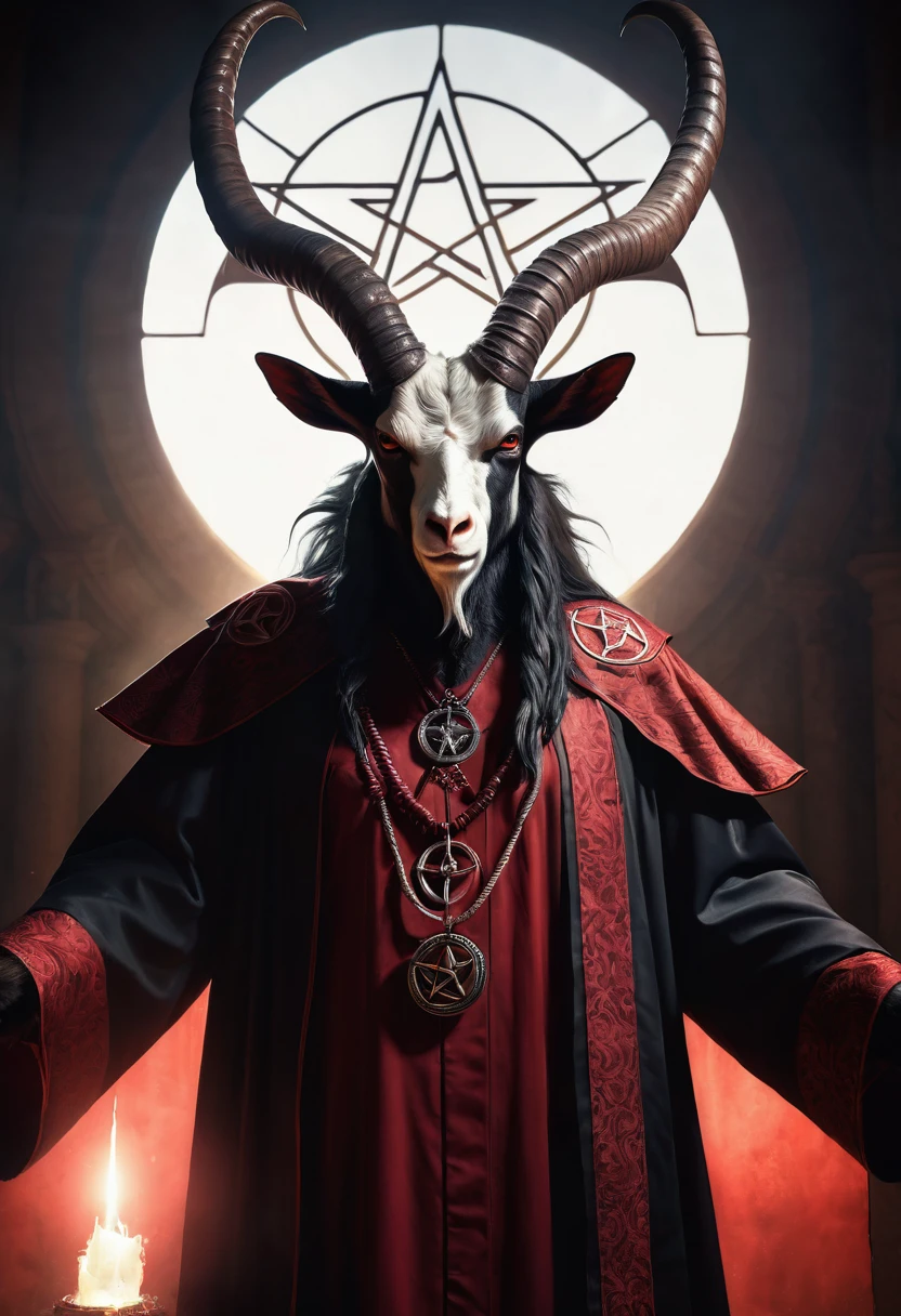 Photorealistic, baphomet dressed in ceremonial robe, pentagram, blood, dramatic lighting, camera looking up