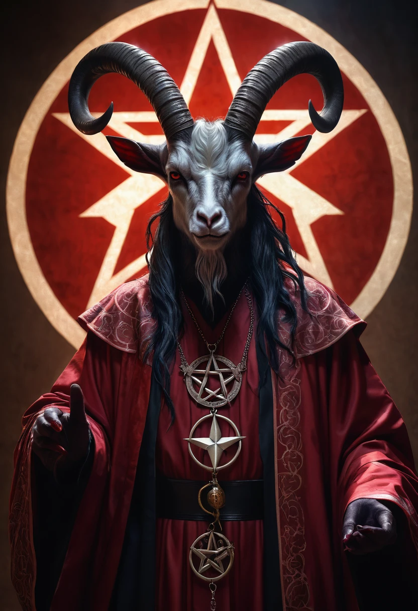 Photorealistic,  baphomet dressed in ceremonial robe, pentagram, blood, dramatic lighting, camera looking up