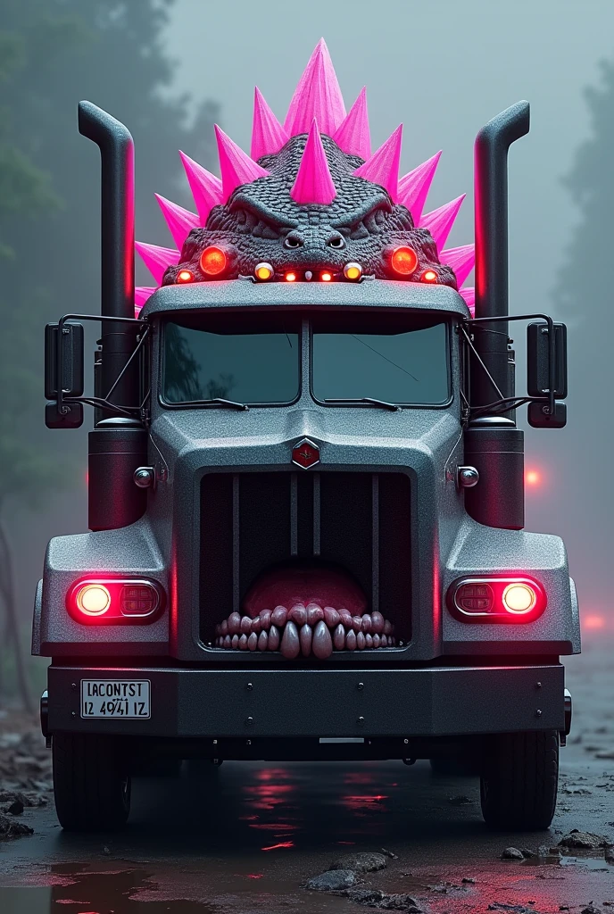 A photorealistic image of a Nepal truck with a Godzilla design on it. The truck is painted in a dark grey and pink color scheme, with the Godzilla design painted in a lighter grey and white. The truck has a large, imposing grille with a giant mouth and teeth. The Godzilla design is very detailed and realistic, with the truck's headlights and
