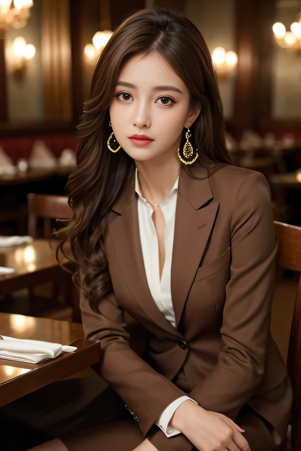 masterpiece, Highest quality, Realistic, Very detailed, Finer details, High resolution, 8k wallpaper, One beautiful woman, Wear a nice suit, In a great restaurant, At night, Light brown messy hair, Perfect dynamic composition, Beautiful and beautiful eyes、Big earrings、Sit on a chair、
