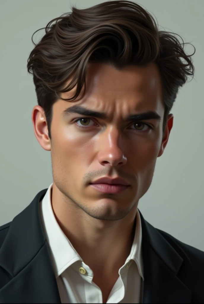 work of art, best qualityer, realisitic, 1 men, mature man, quiet and charming young man, 2, close her eyes, serious look, extreme detailed face, ((dark gray eyes)), ((short dark brown hair combed to the right)), [thick eyebrows], plain  background, ((Suit)), cinematic lighting, looking at the audience, postural dynamics