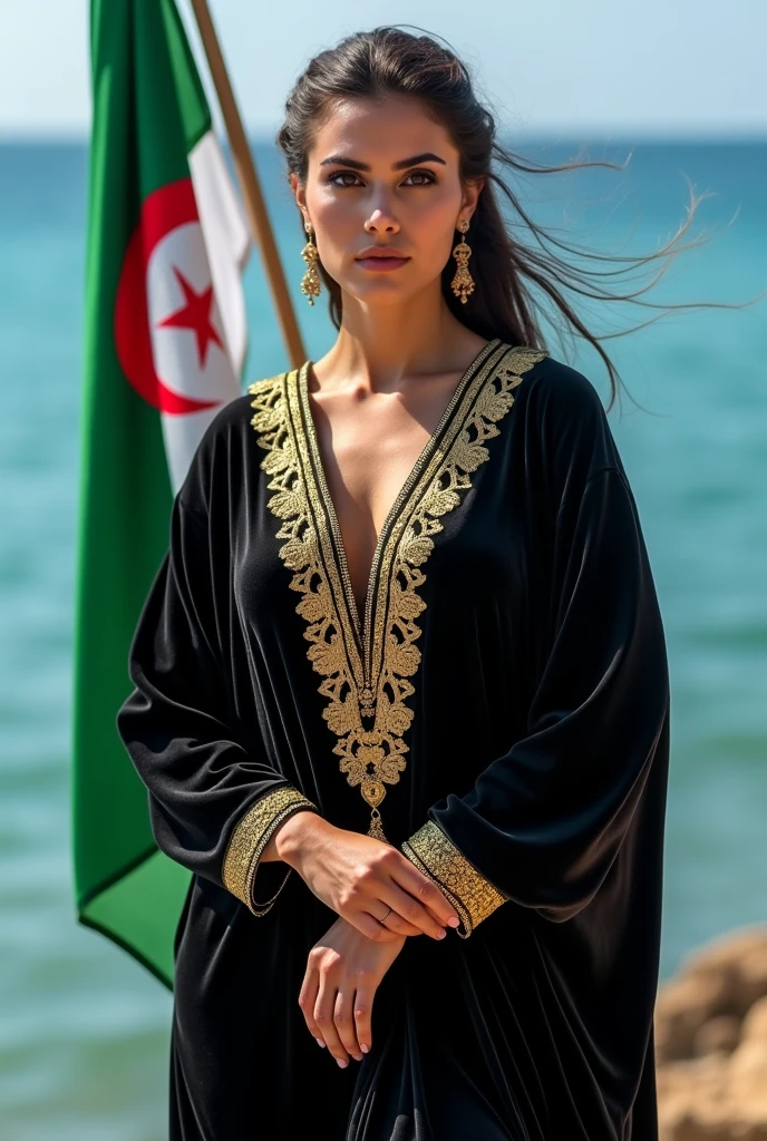 Close up, black velvet jacket caftan with gold embroidered details on shoulders and cuffs, arabesque, embroidered, holding the Algerian flag in white and green, looking directly at the camera, she is standing on the blue seashore