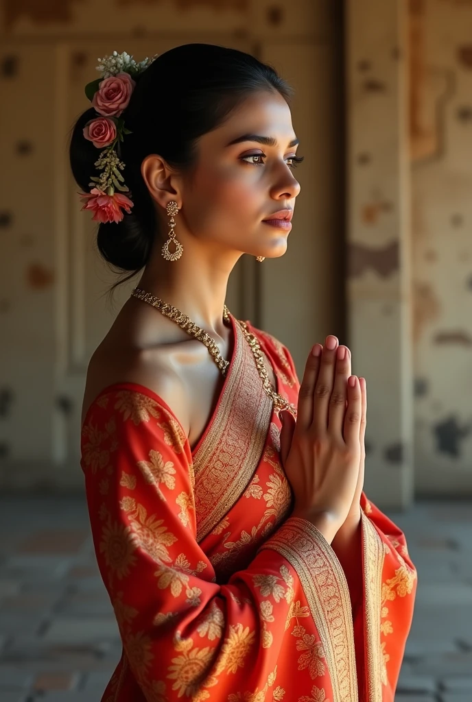 Create an image of Priyanka Chopra wearing a traditional Lao sinh, standing gracefully with a peaceful smile, hands in a respectful greeting Buddha praying pose. The sinh is adorned with intricate gold and red patterns, and she is accessorized with traditional Lao jewelry, including a beautiful hairpin with delicate flowers. The background is an ancient temple with weathered stone walls, showing the timeless beauty of the setting. The overall mood is serene, with warm lighting highlighting the elegance of the scene