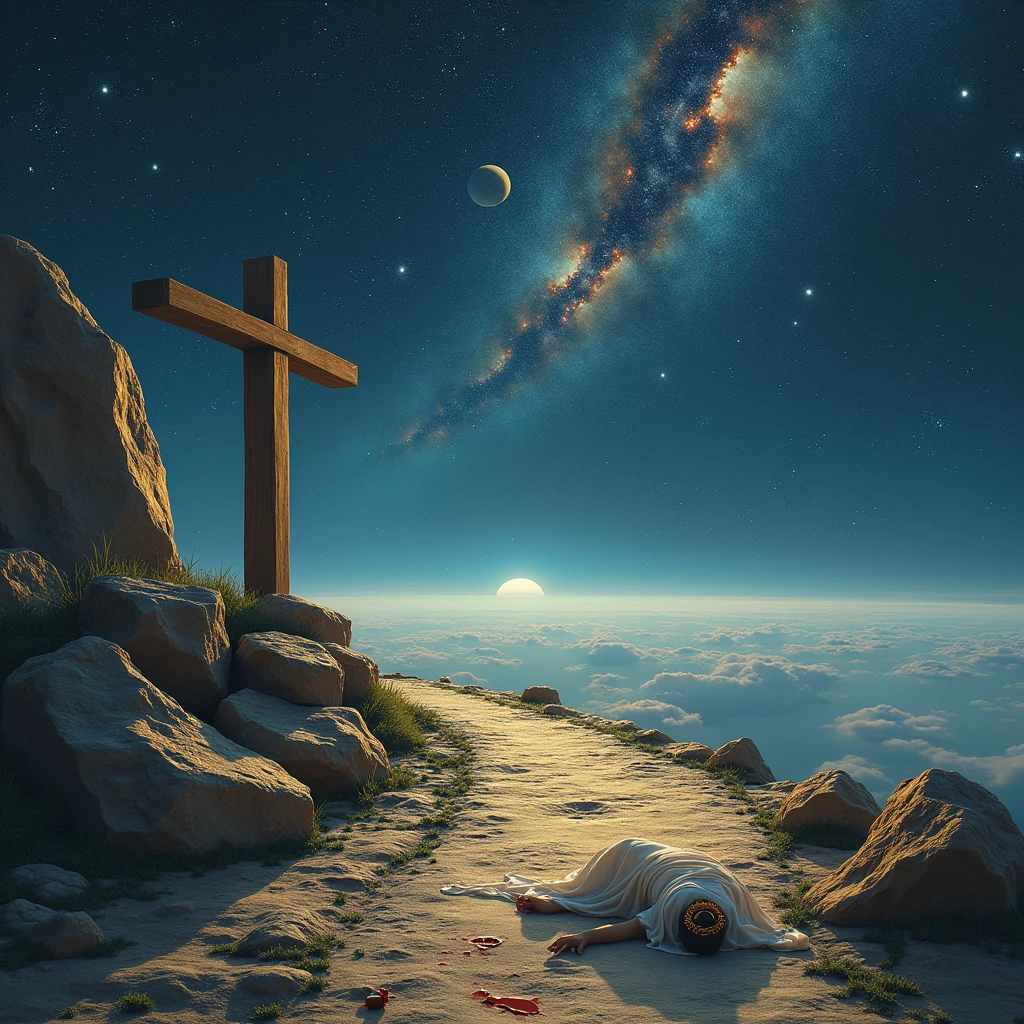 A rocky road, a cross at the end of the road ,a crown of thorns on the floor , a garment thrown on the ground , a small blood mark, in outer space, planets , galaxies , constellations , stars , an astronaut 