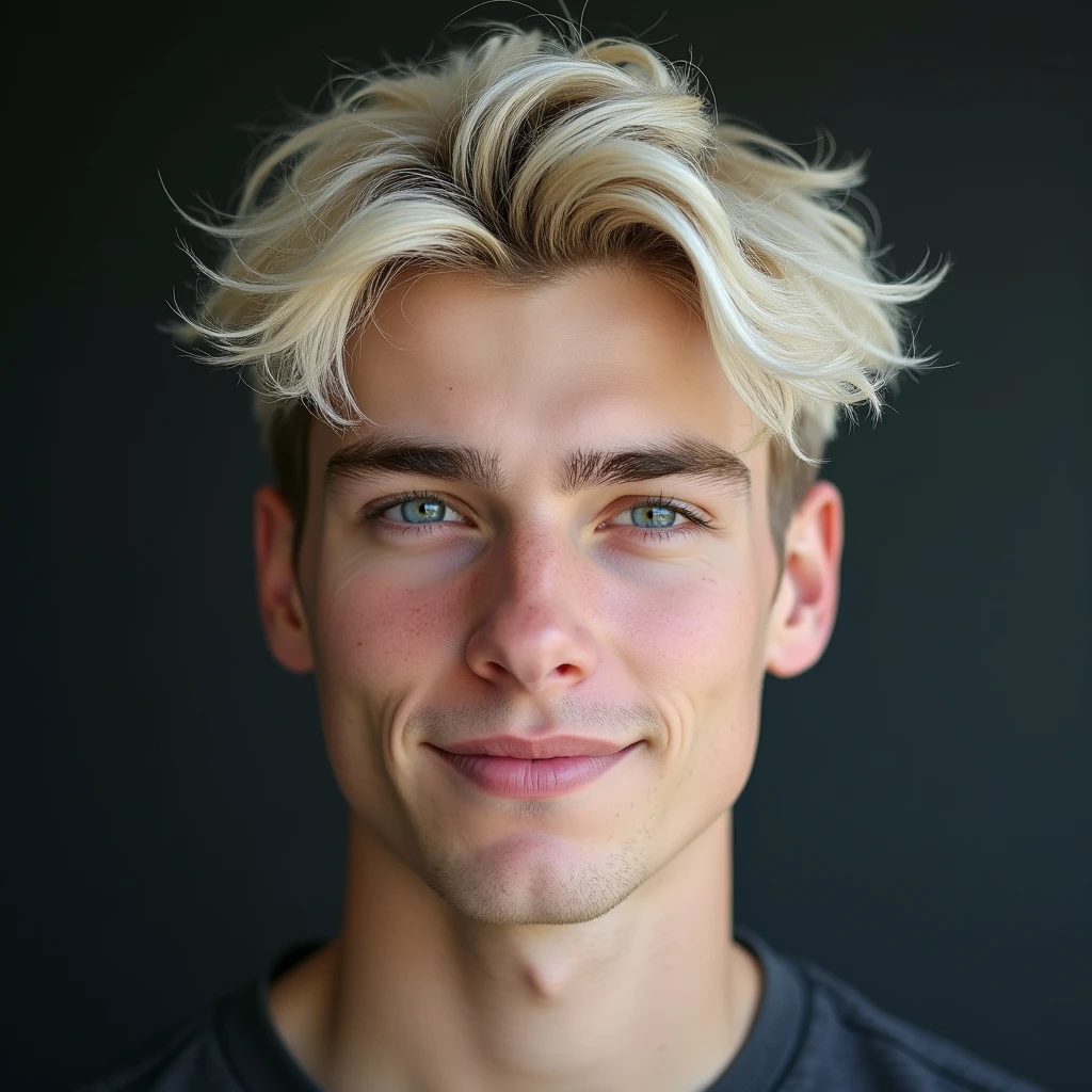photograph head shot of an attractive 22 year-old male, Germanic-Icelandic features, short textured wavy platinum blond hair, side swept bangs, pale skin tone, raised eyebrow smirk expression, 16k, extremely detailed skin