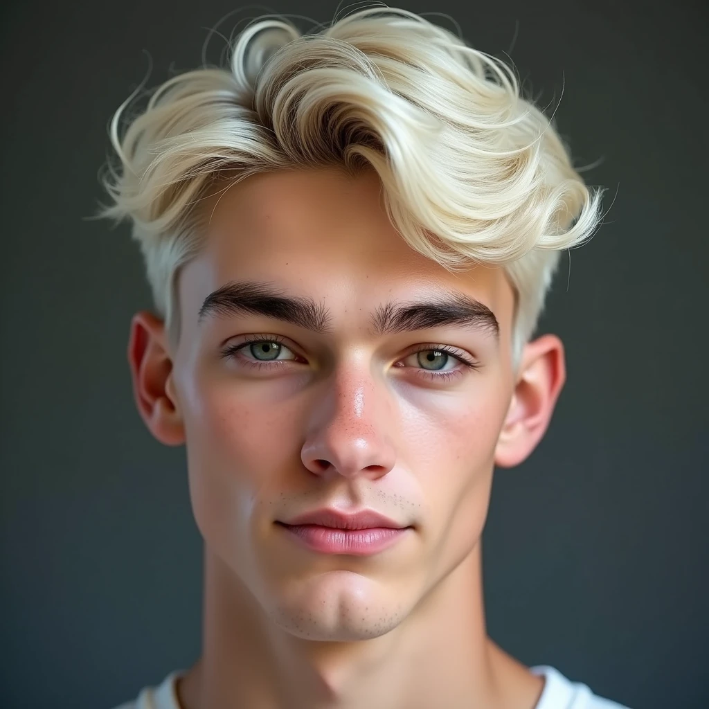 photograph head shot of an attractive 22 year-old male, Germanic-Icelandic features, short textured wavy platinum blond hair, side swept bangs, pale skin tone, raised eyebrow smirk expression, 16k, extremely detailed skin