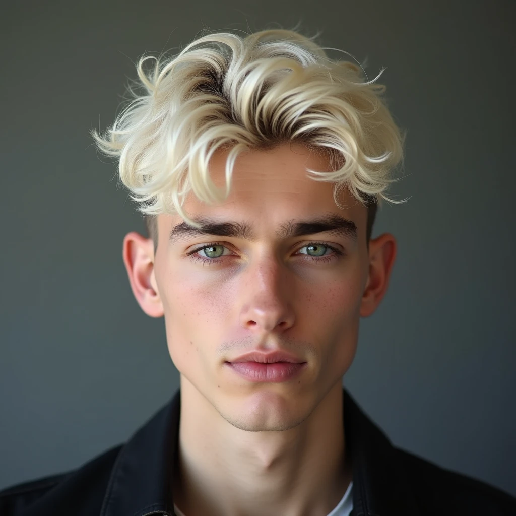 photograph head shot of an attractive 22 year-old male, Germanic-Icelandic features, short textured wavy platinum blond hair, side swept bangs, pale skin tone, raised eyebrow smirk expression, 16k, extremely detailed skin