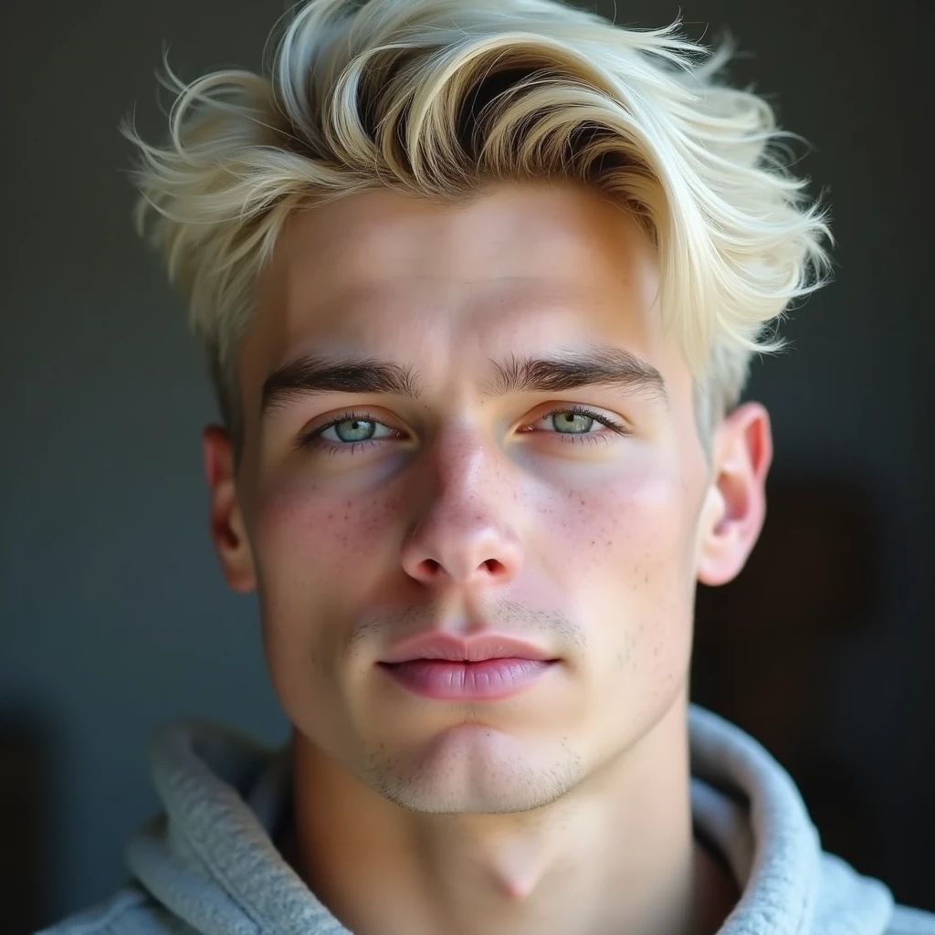 photograph head shot of an attractive 22 year-old male, Germanic-Icelandic features, short textured wavy platinum blond hair, side swept bangs, pale skin tone, raised eyebrow smirk expression, 16k, extremely detailed skin